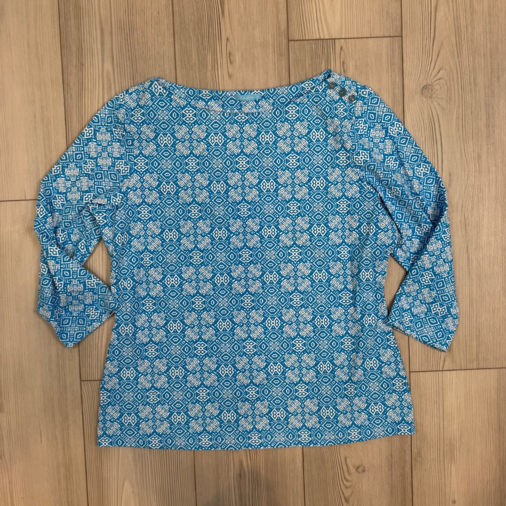 J.McLaughlin Womens XL Blue White Geometric Print Boat Neck Button Top  Catalina